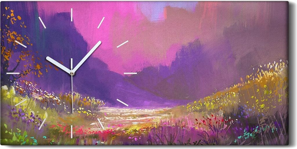 Wandbild Leinwand Bilder mit Uhr Quarz 60x30 Berg Landschaft mit bunte Blumen - weiße Hände