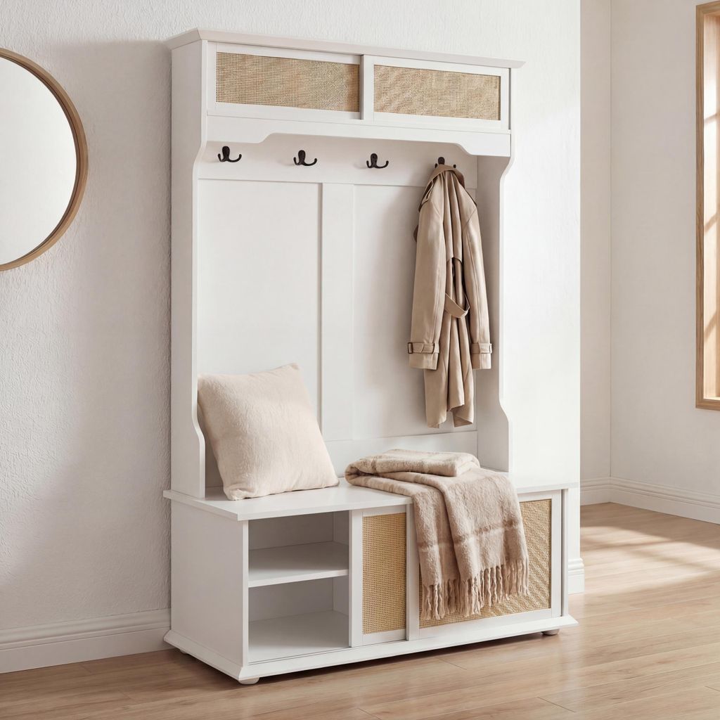Garderobe MCW-P25, Flurgarderobe Holzgarderobe, Melamin Kubu Rattan 163x100x47cm weiß
