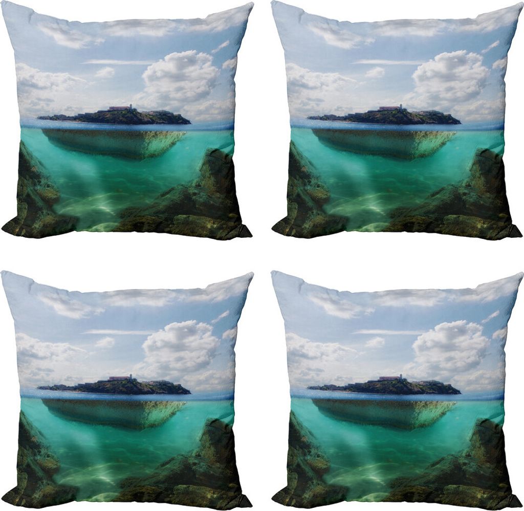 ABAKUHAUS Insel Kissenbezug Set (4 Stück), Misty Atlantik, Moderner Doppelseitiger Digitaldruck, 45 cm x 45 cm, Blau, Grau, Weiß