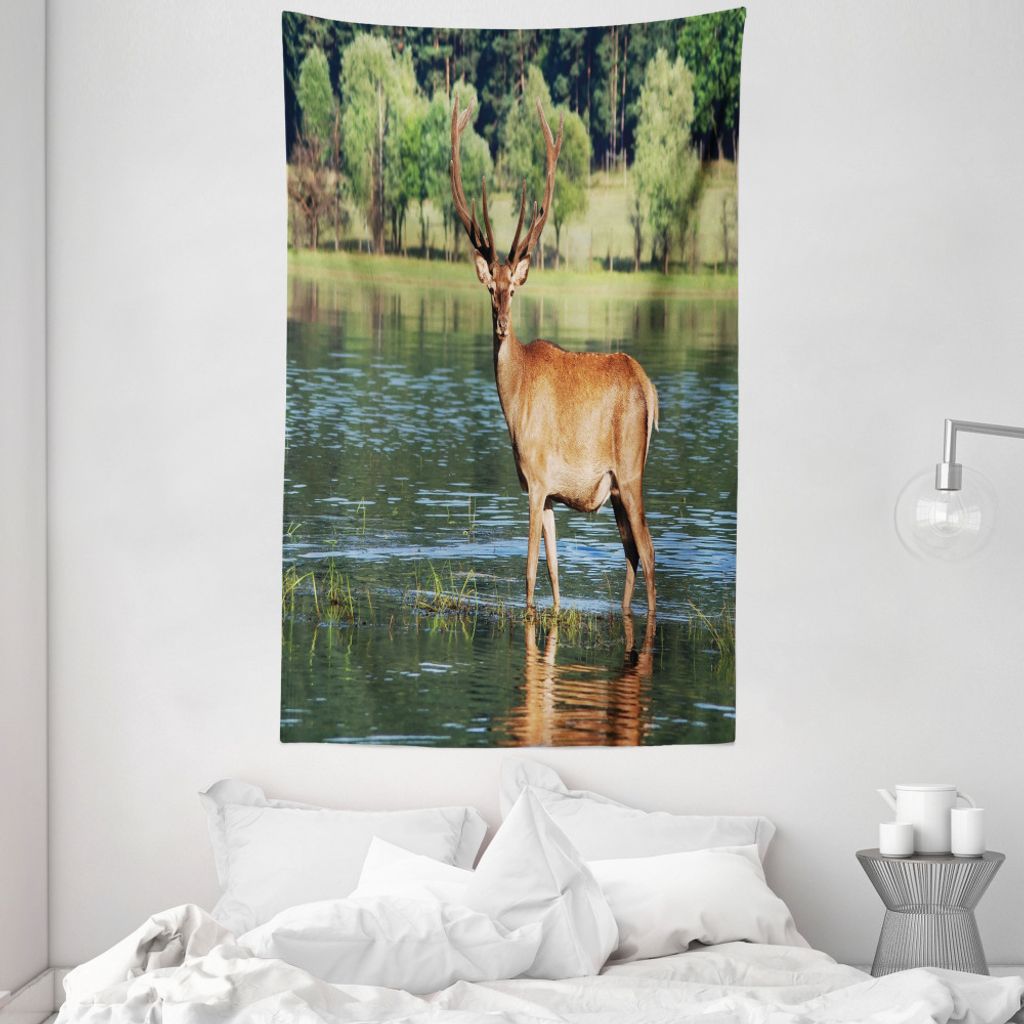 ABAKUHAUS Hirsch Wandteppich und Tagesdecke, Berg Tier in Wasser aus Weiches Mikrofaser Stoff Waschbar ohne Verblassen Digitaldruck, 140 x 230 cm, ...