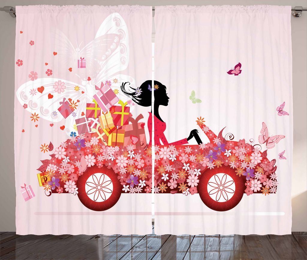 ABAKUHAUS Autos Rustikaler Gardine, Mädchen auf einer Auto-Blumenkasten, Schlafzimmer Kräuselband Vorhang mit Schlaufen und Haken, 280 x 175 cm, ...