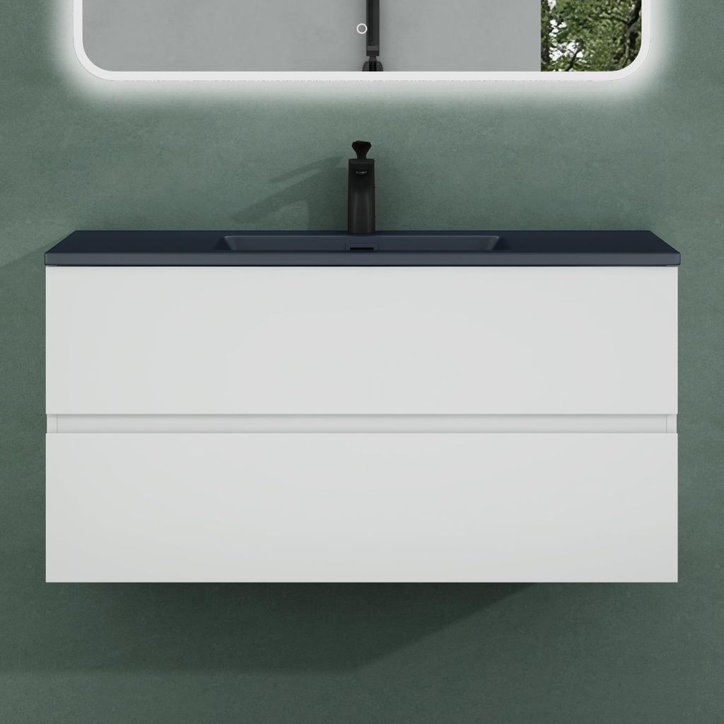 Mai & Mai Badmöbel-Set Waschtisch mit Unterschrank Mineralguss Waschbecken in Anthrazit Waschbeckenunterschrank 100x48x50cm Weiß Matt 2-Schublade...