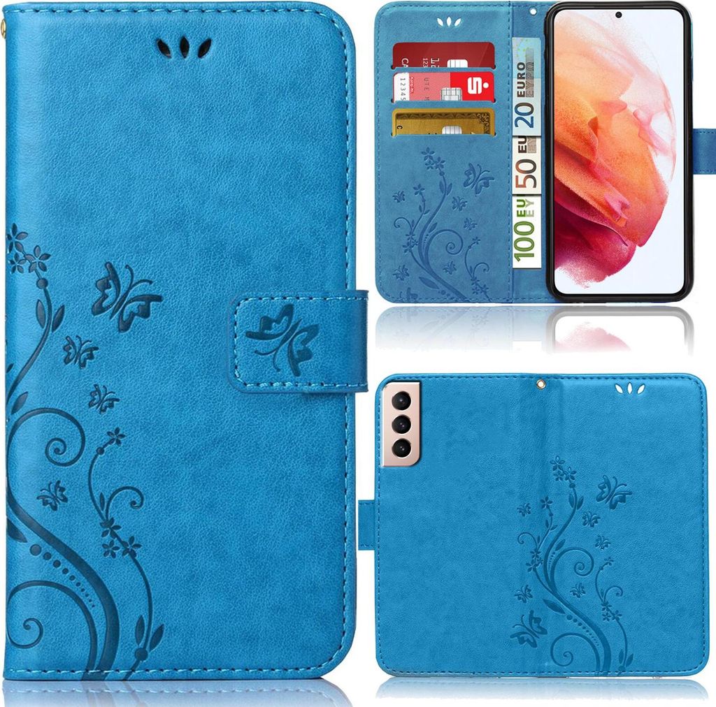 Handy Tasche für Samsung Galaxy S22 Plus Schutz Hülle Handyhülle mit Blumenmuster Klapp Hülle mit Standfunktion und Kartenfächer Blau