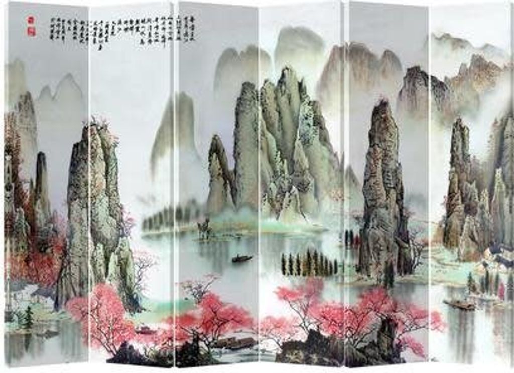 Fine Asianliving Paravent Asiatisch Raumteiler B240xH180cm Trennwand 6-teilig Chinesische Berglandschaft