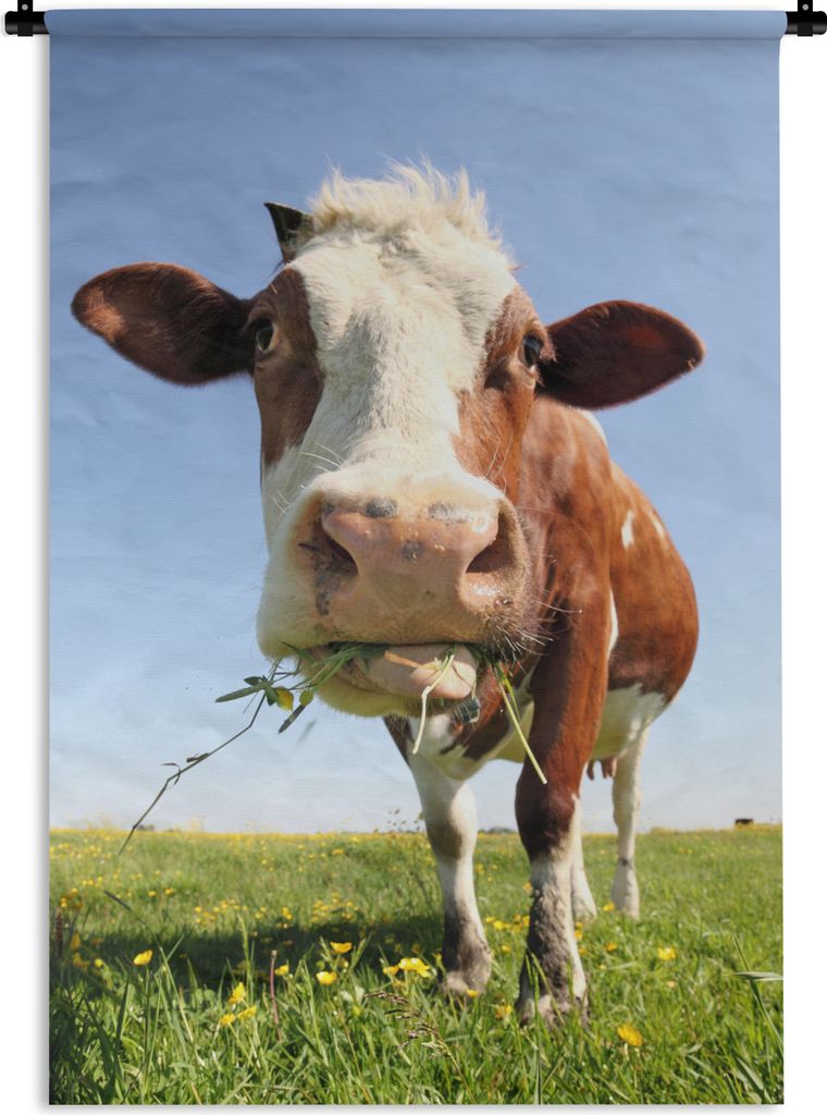 MuchoWow Wandteppich Wandbehang Kuh - Tiere - Blumen - Gras 60x90 cm Tapisserie Dekoration Wandtuch - Foto-Teppich - Abwaschbar