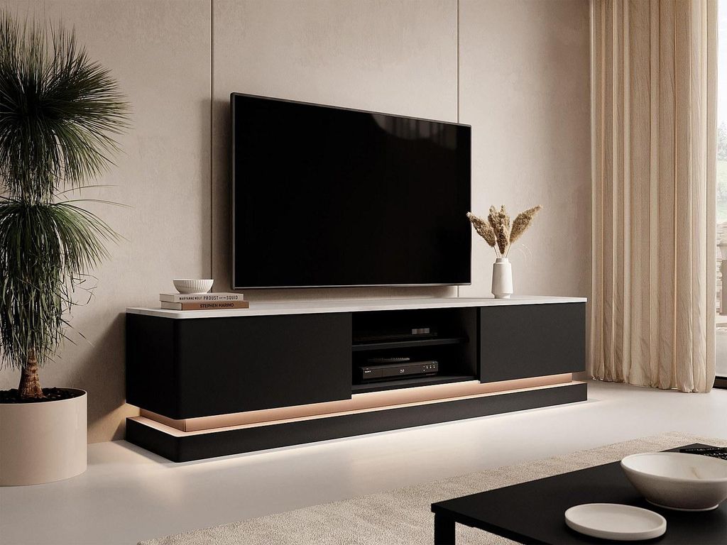 RTV-Schrank mit 2 Schubladen und 2 Nischen mit LED-Beleuchtung - Schwarzer und weißer Marmorimitation - DEVIKA by Pascal Morabito