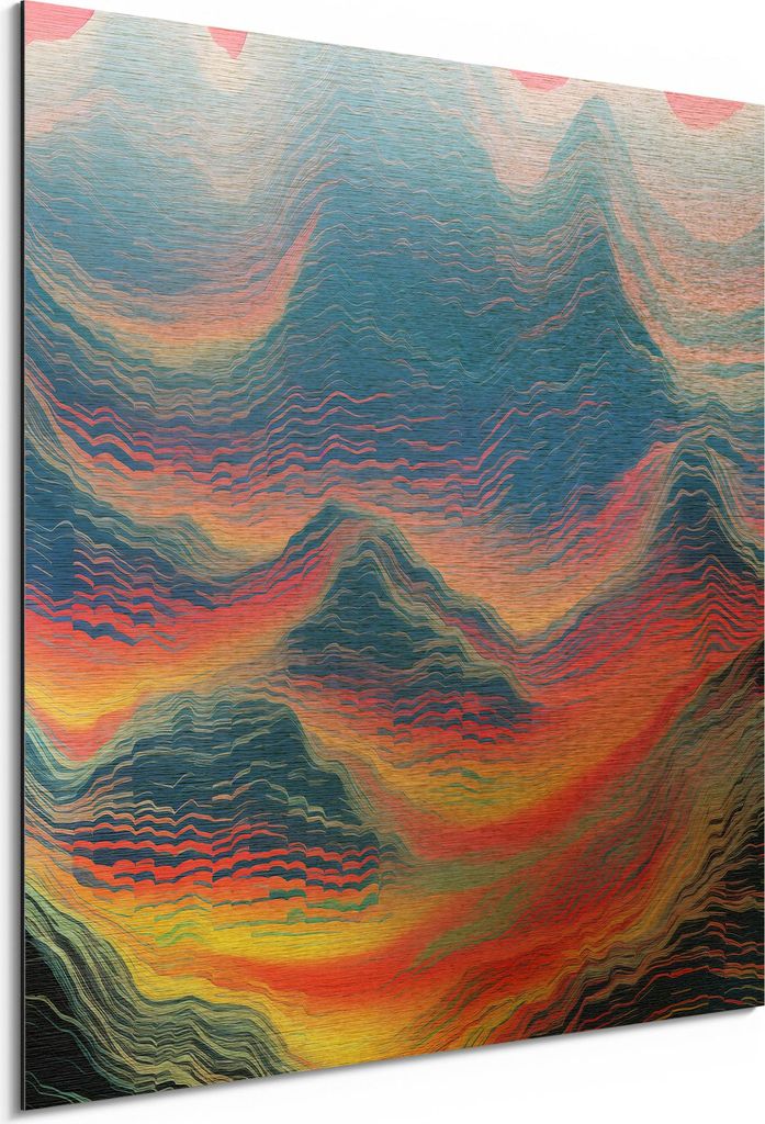DEQORI Alu-Dibond Bild Gold 30x30 cm 'Farbflut im Gebirge' Wandbild Metall dünn Design