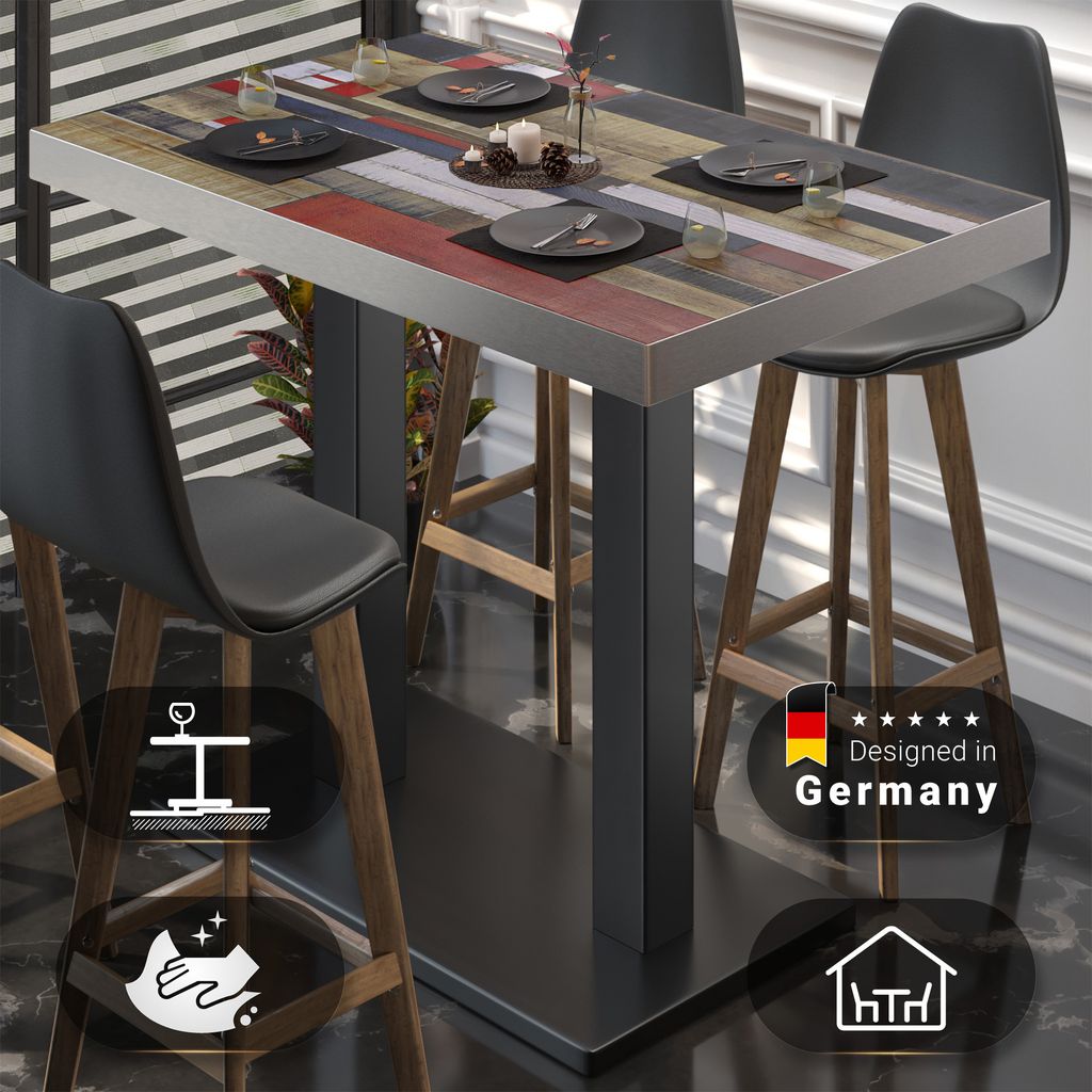 BM | Bistro Stehtisch | 130 x 80 x 110 cm | Rechteckig | Edelstahl Rand | Vintage Bunt / Schwarz | Gastro Steh Tisch Restaurant