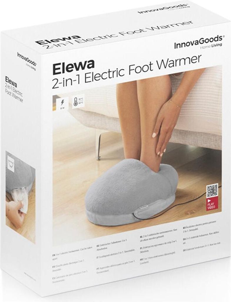 The image shows the packaging of an electric foot warmer, with a lifestyle shot of the product in use.