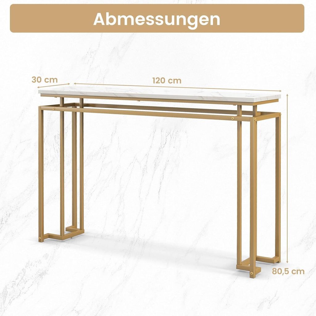 COSTWAY Konsolentisch Marmor Optik, Flurtisch schmal, Beistelltisch mit Metallrahmen, Eingangstisch für Eingangsbereich, Wohnzimmer, Flur, 120 x 3...