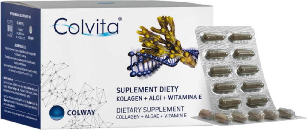A box of Colvita dietary supplements with a blister pack of capsules.