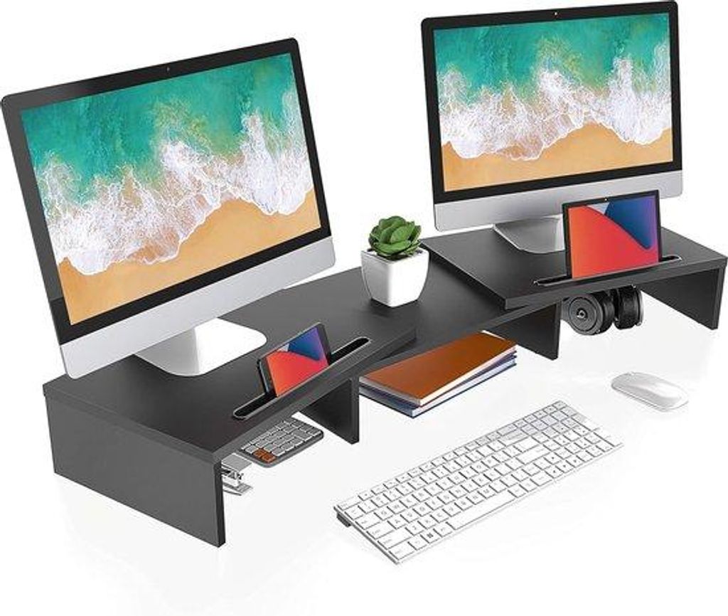 Luxus Monitorhalterung, 106 mm Höhe, Ergonomisches Design, für PC- und Laptopschirme, mit drehbaren Seitenplatten und zwei Fächern