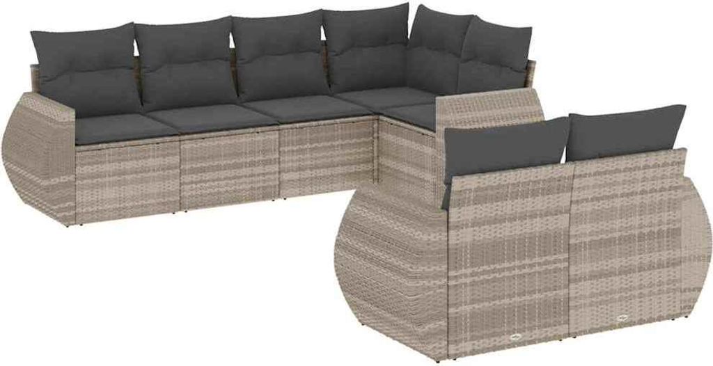 vidaXL 7-tlg. Garten-Sofagarnitur mit Kissen Hellgrau Poly Rattan