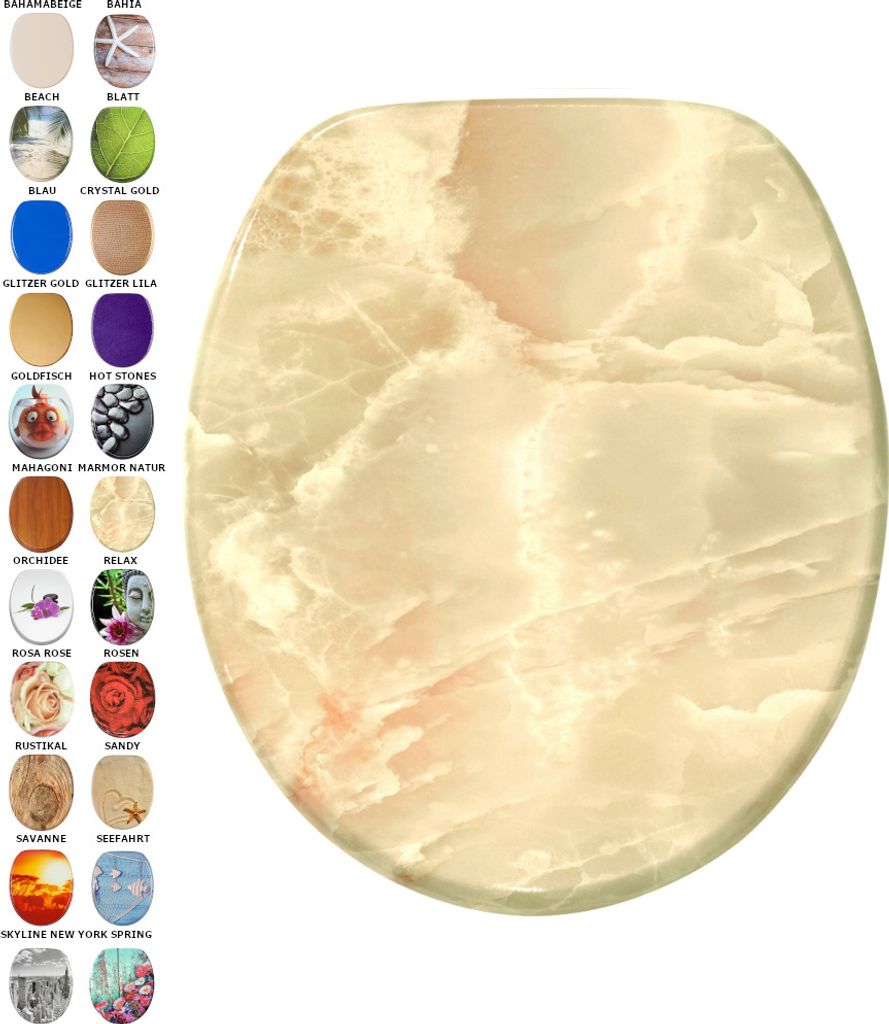 A toilet seat with a marble pattern, displayed alongside a grid of other toilet seat design options.