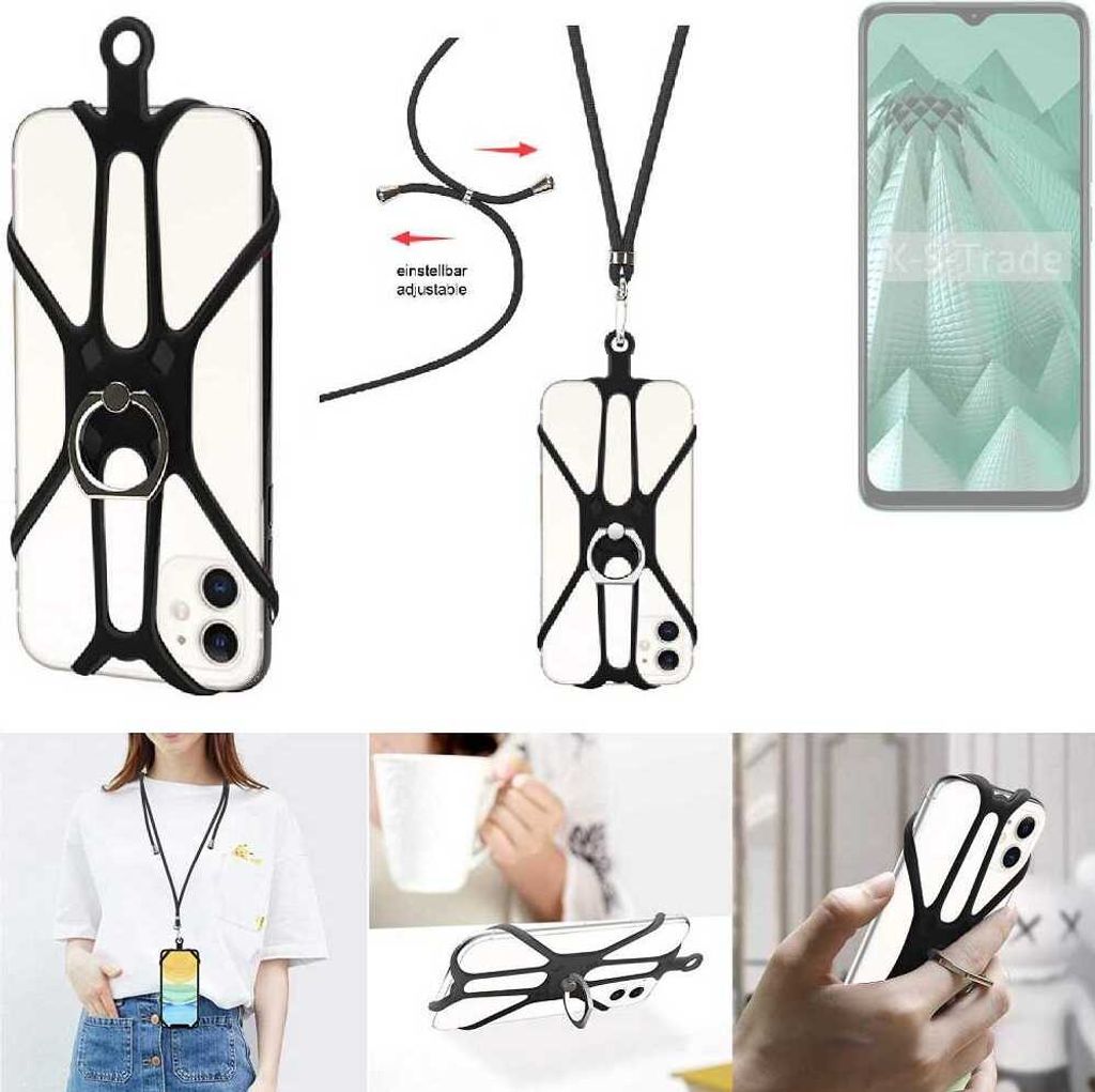 K-S-Trade 3in1 Handykette Handyband Handykordel Halsband Smartphone-Ring Handy-Ring kompatibel mit HMD Aura Fingerhalterung Handyring Tischständer