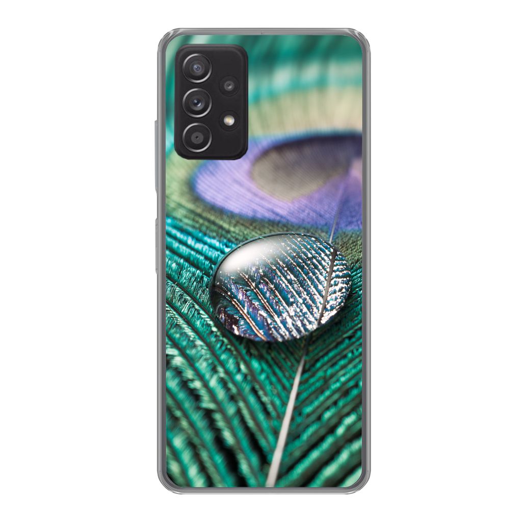 MuchoWow Handyhülle Schutzhülle Hülle für Samsung galaxy a73 Nahaufnahme eines Wassertropfens auf einer Pfauenfeder Silikon Softcase Handy H...
