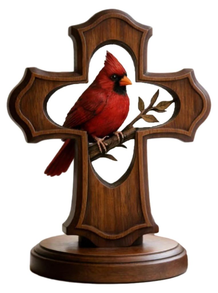 Kreuzfigur mit rotem Vogel, handgefertigt aus Kunstharz, Tischdekoration in Purpurrot mit Olivenzweig-Motiv, religiöses christliches Geschenk für...