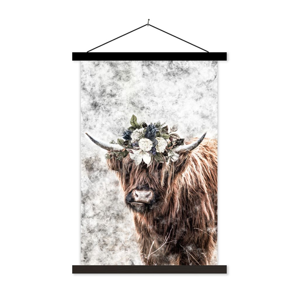 MuchoWow Textilposter Schottischer Highlander - Schwarz - Weiß - Blumen 120x180 cm mit schwarzem Rahmen - Fotos