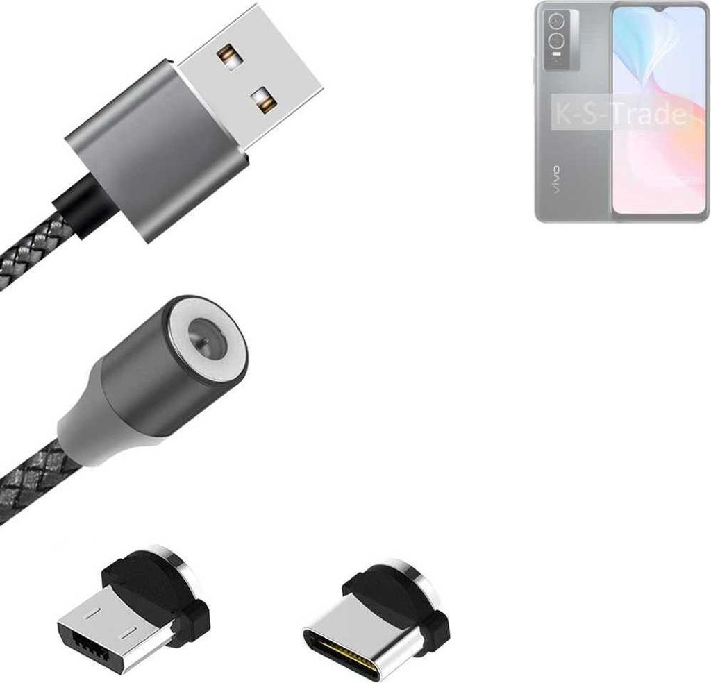 K-S-Trade Hochwertiges Magnet-Lade-kabel Sync-Kabel Daten-Kabel kompatibel mit Vivo Y76 5G mit USB-Typ-C-Anschluss und Micro-USB-Anschluss 2A bis zu