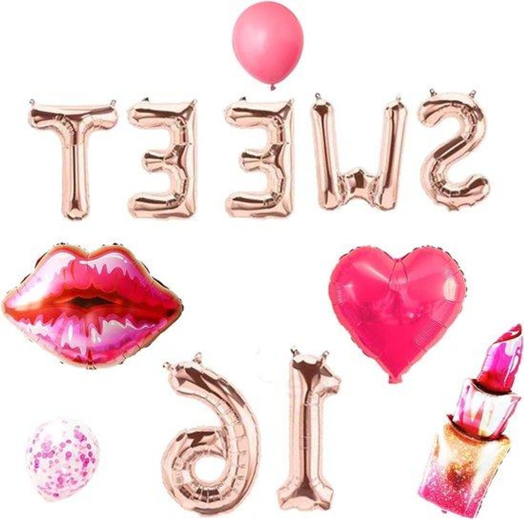 Sweet 16 Geburtstagsdeko mit Ballons und Banner in Pastellfarben