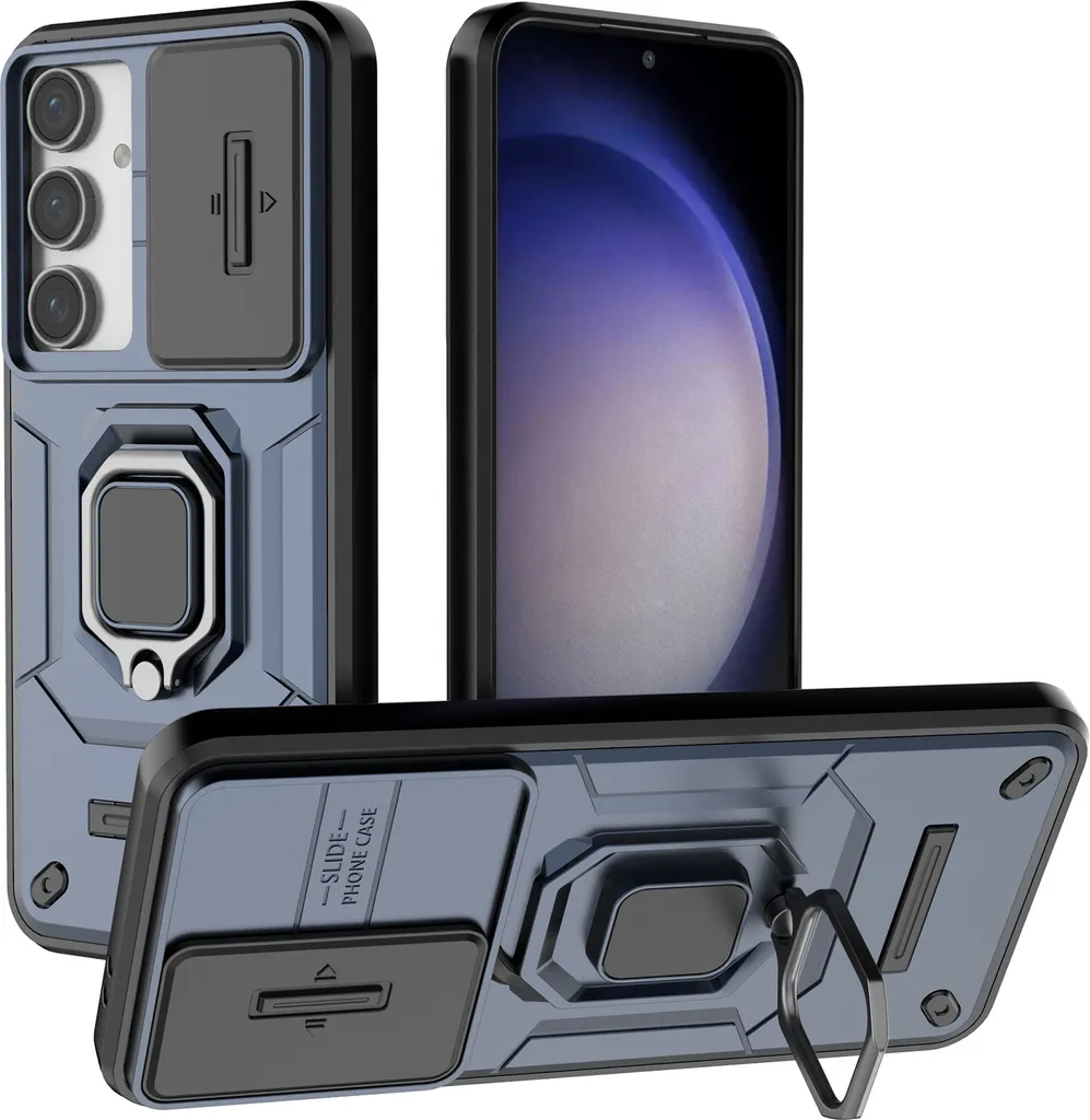 Custodia Samsung S24 FE Blu: Protezione Fotocamera e Stand Anello