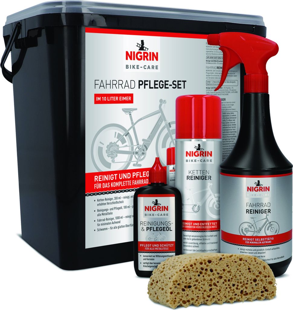 NIGRIN BIKE-CARE Pflege-Eimer, Ketten-Reiniger - Bike- und Fahrradreiniger, Pflegeöl und Schwamm
