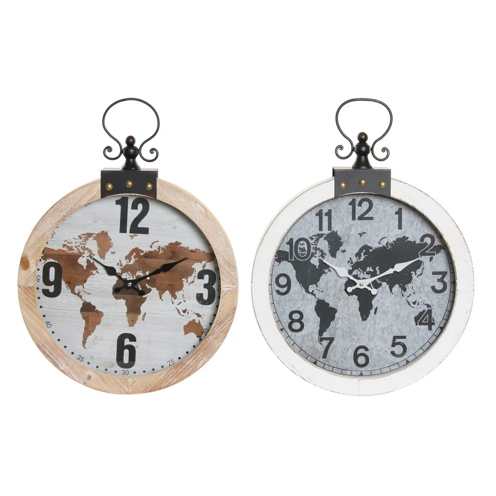 Pendule murale mappemonde vintage en métal et bois MDF - Set de 2 unités