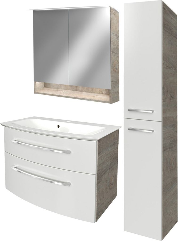 Fackelmann B.STYLE Badmöbel Set 4-teilig, 83 cm, Weiß/Grau + LED-Spiegelschrank + Hochschrank rechts