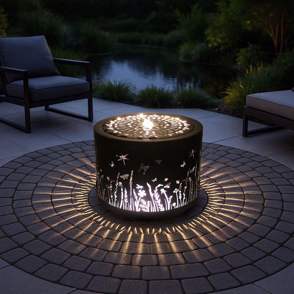 Gartenbrunnen mit LED Beleuchtung aus Metall runder Produktbild 
