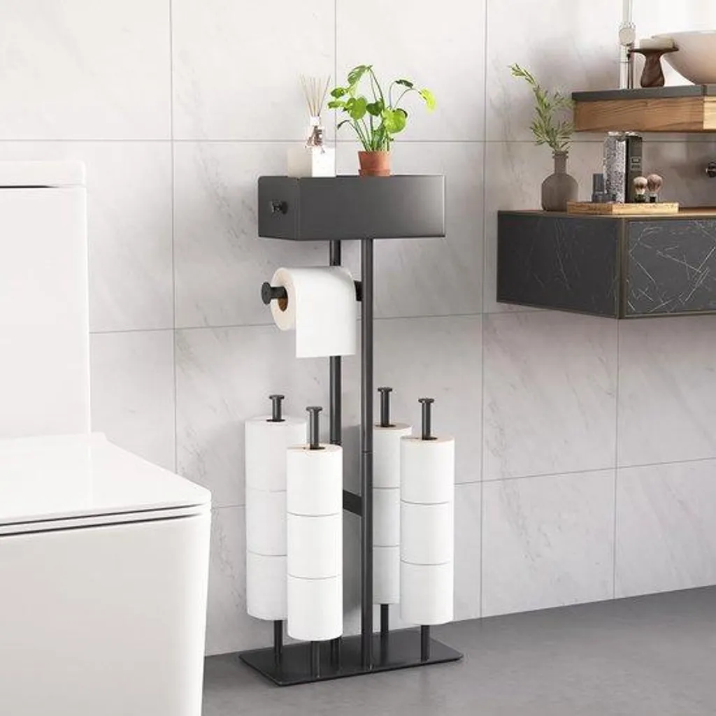 Porte-papier hygiénique sur pied avec compartiment lingettes et réserve