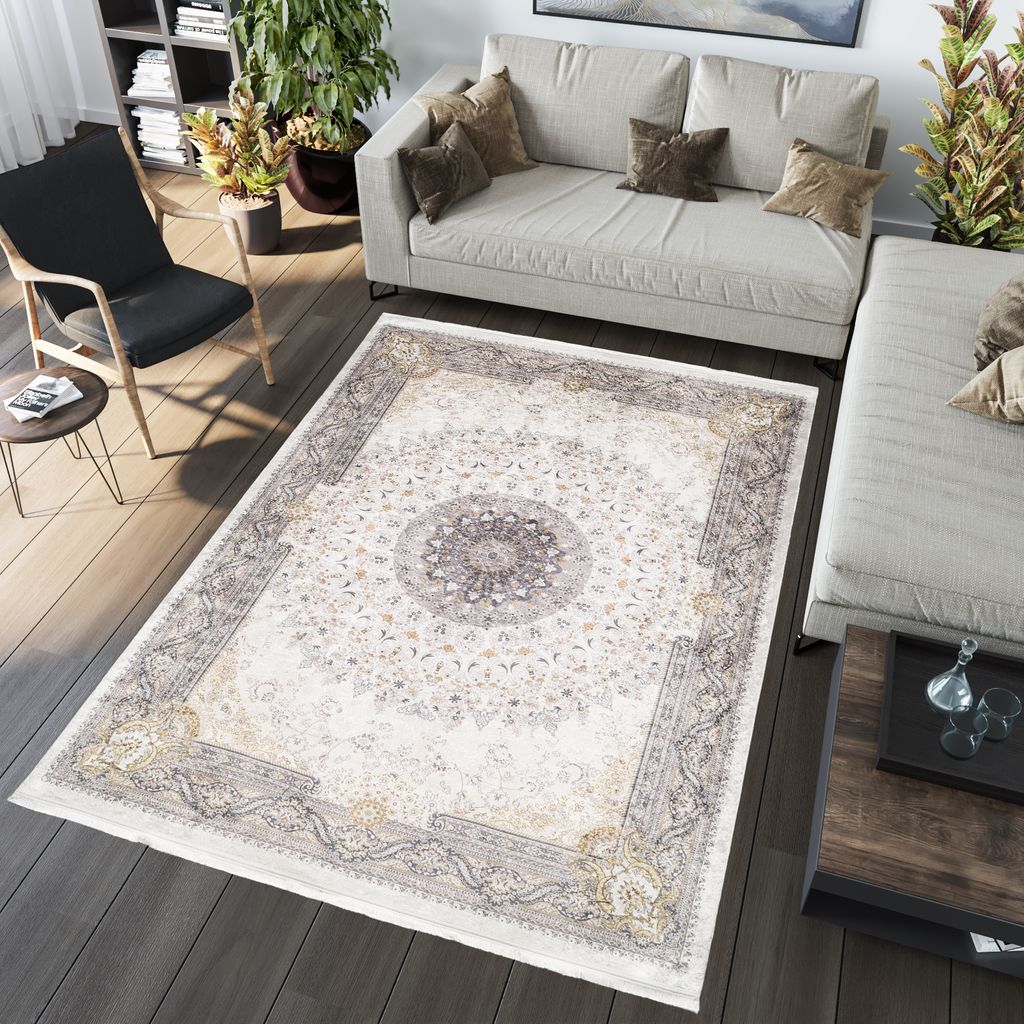 Teppich Fransen Wohnzimmer Schlafzimmer Kurzflor Modern Design Creme Beige 140 x 200 cm