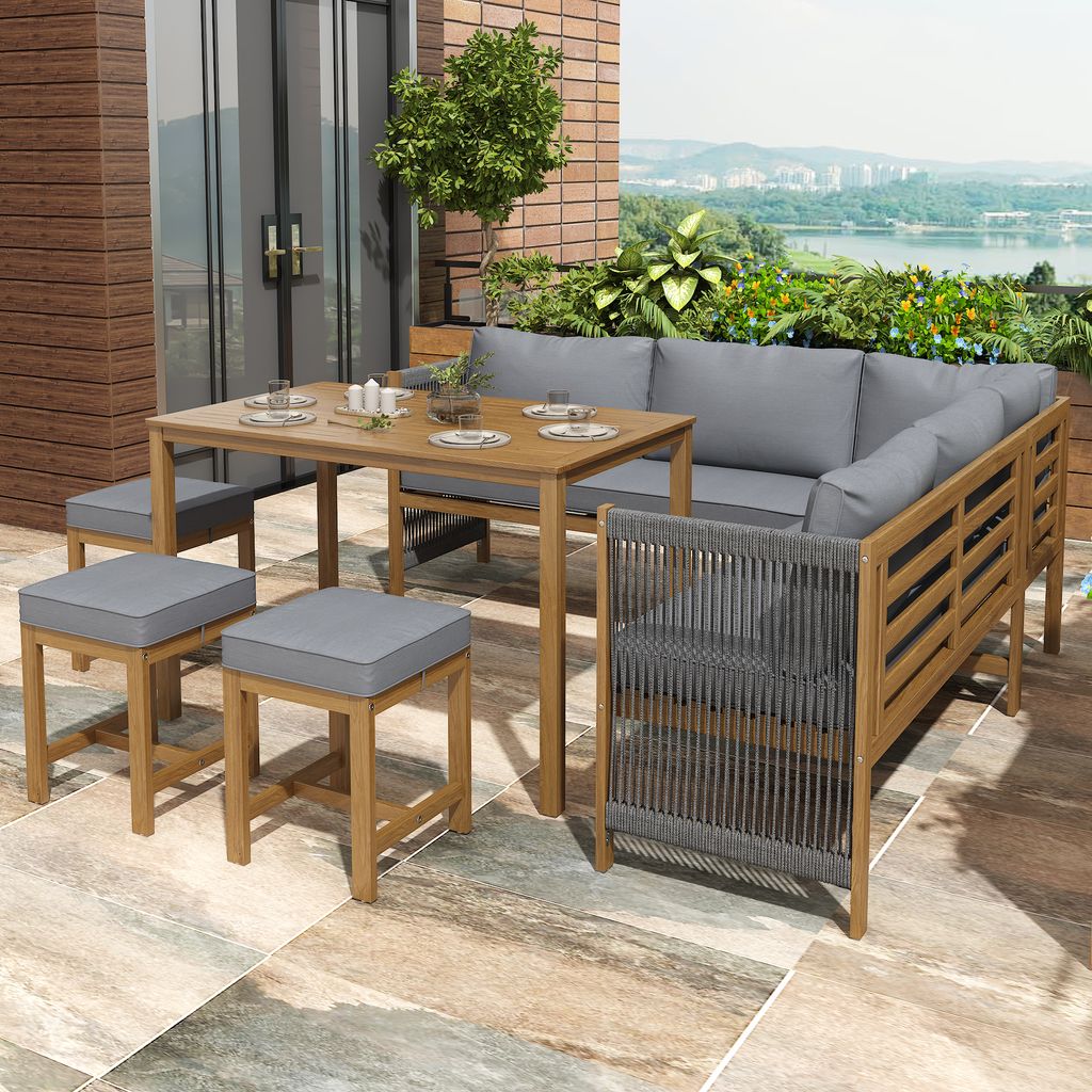 MODFU Gartenlounge-Set Loungeset Sitzgruppe, Balkonset,Outdoor-Tisch- und Stuhl-Set,Set mit Kissen, Ecksofa, Polyrattan Lounge,Akazie, grau