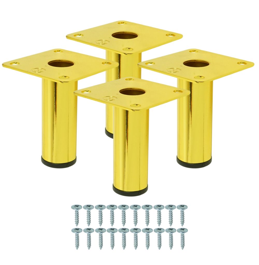Four gold-colored furniture legs with mounting plates and a set of screws are displayed on a white background.