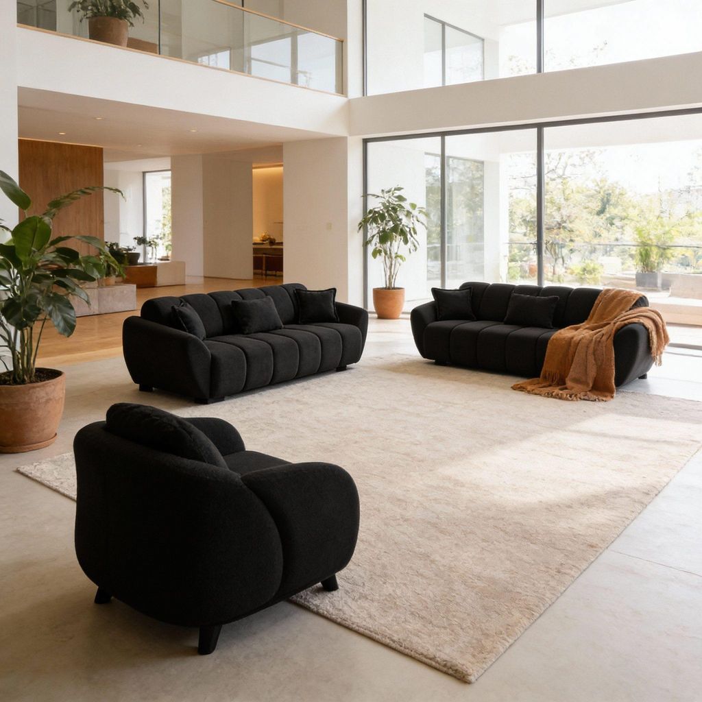 Sofa Set ORLANDO in edlen Bouclé-Bezug verschiedene Farbvarianten, Ausführung: 3-Sitzer + 3-Sitzer + Sessel, Farbe: Schwarz