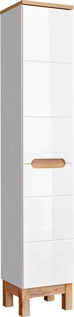 Meuble de salle de bains blanc brillant 187 cm sur pieds bois scandinave