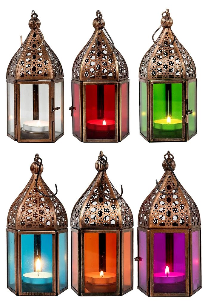 Orientalische Laternen Set mit 6 bunten Laternen Meena 16cm | 6x Orientalisches Windlicht aus Metall und Glas in 6 Farben | Marokkanische Glaslater...