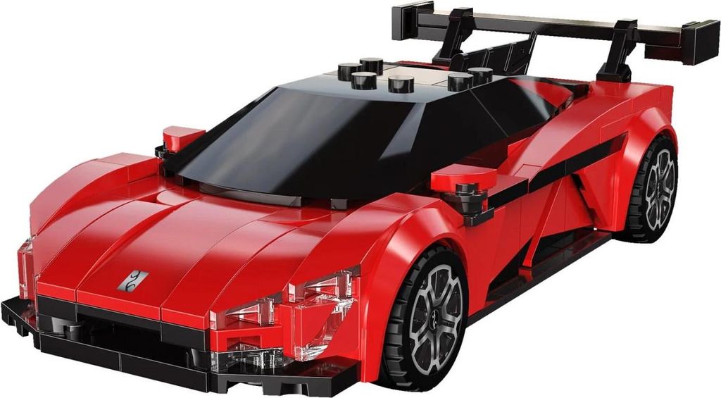 A red Lego-style supercar with a black spoiler and tinted windows, isolated on a white background.