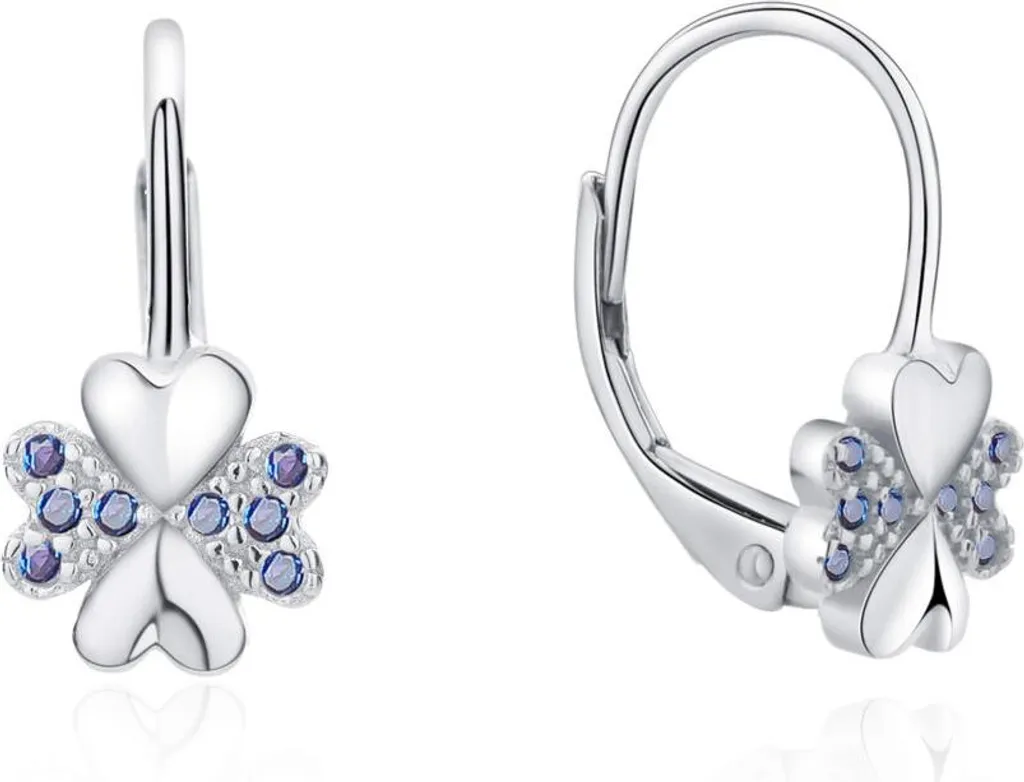 Puces d'oreilles trèfles pour femme, métal argenté et cristaux bleus