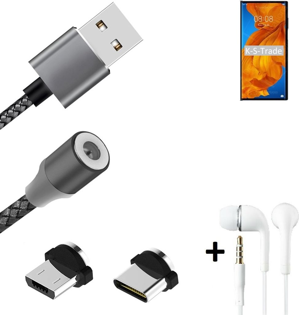 K-S-Trade Hochwertiges Magnet-Lade-kabel Sync-Kabel Daten-Kabel + Kopfhörer kompatibel mit Huawei Mate Xs mit USB-Typ-C-Anschluss und
