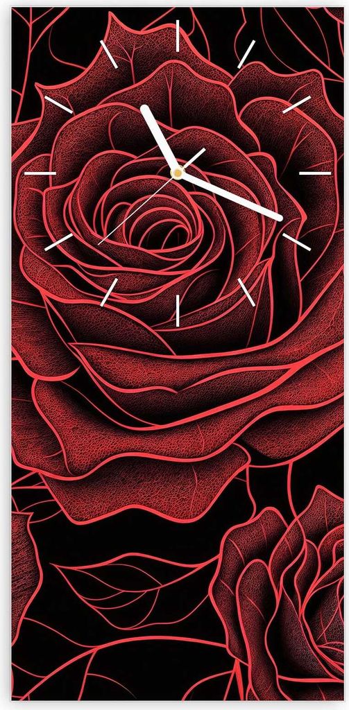 Wanduhr aus Glas mit Motiv Rosenmuster Schwarz- 30 x 60 cm - inkl. Aufhängesystem