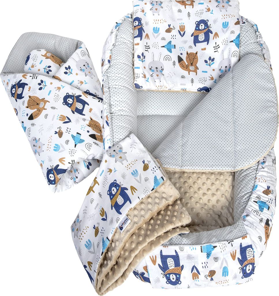 Babynestchen 5tlg Babynest Babydecke Steckkissen Kuschelnest Einschlagdecke Baumwolle 100x60x15 Boho mit Beige Minky