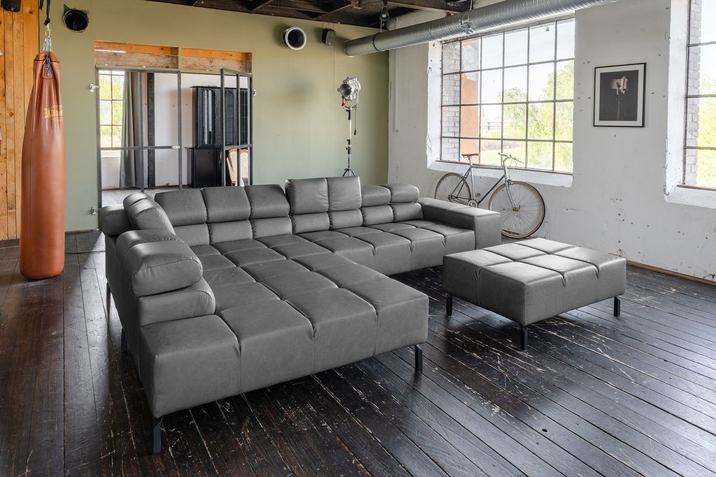 KAWOLA Sofa NELSON Ecksofa Leder anthrazit mit motorischem Sitzvorzug und Hocker Recamiere links
