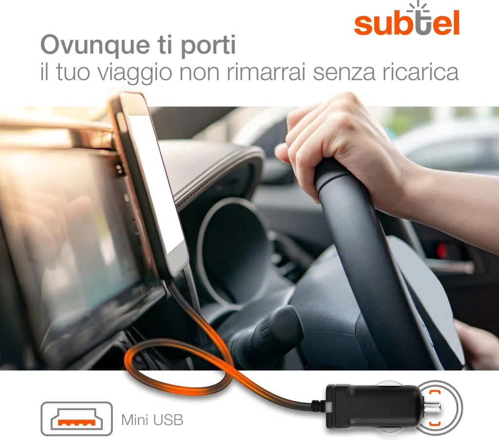 subtel Caricatore Mini USB da auto 1m compatibile con cavo ricarica per navigatore GPS, da 2.4A / 2400mA 5V caricabatteria da accendisigari - 5