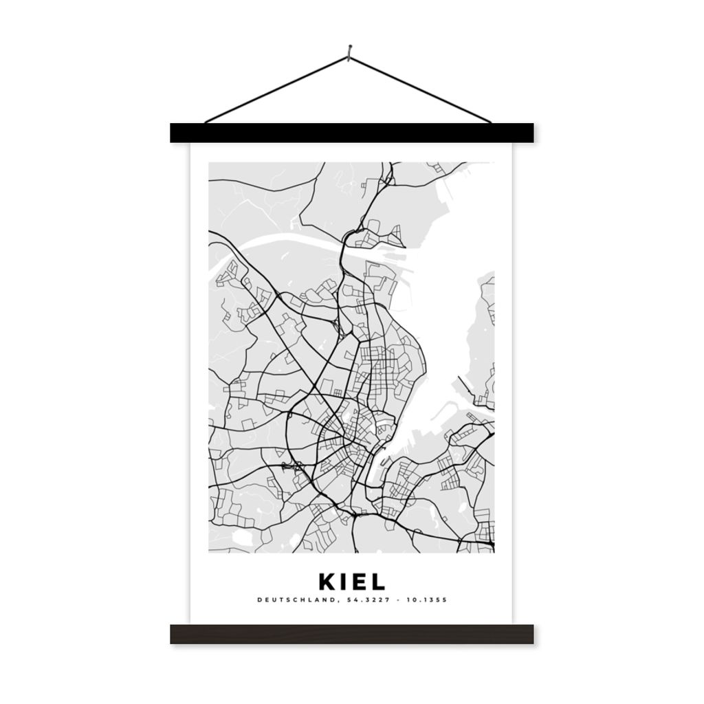 MuchoWow Textilposter Stadtplan - Kiel - Karte - Deutschland 60x90 cm mit schwarzem Rahmen - Poster Wohnzimmer