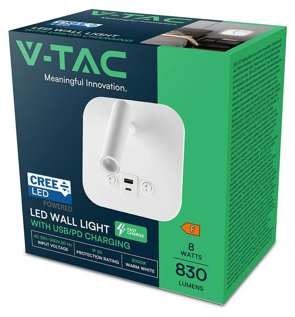 Applique LED 8W blanche orientable avec chargeur rapide USB et PD - 12