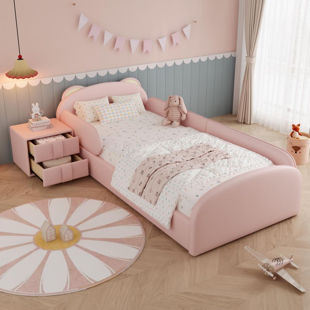 Flieks Kinderbett 90x200cm mit Nachttisch, Polsterbett Bodenbett mit Rausfallschutz und Lattenrost, Kinder Einzelbett, PU, Rosa
