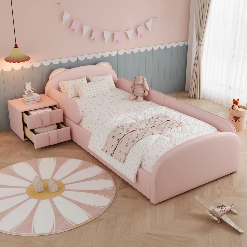 Lit enfant 90x200 cm avec tête de lit ours rose et chevet assorti