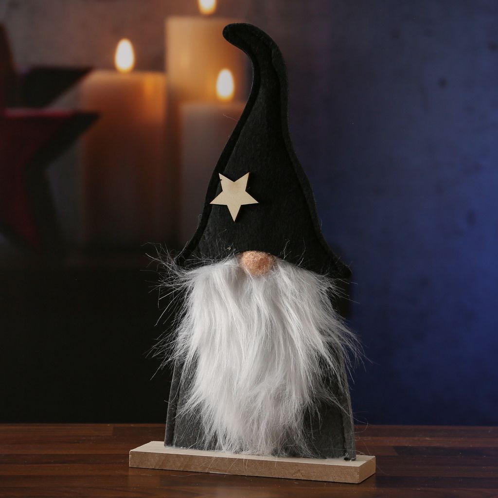 Wichtel - Dekofigur - Holz - Filz - stehend - H: 34cm - Mütze mit Stern - schwarz, grau