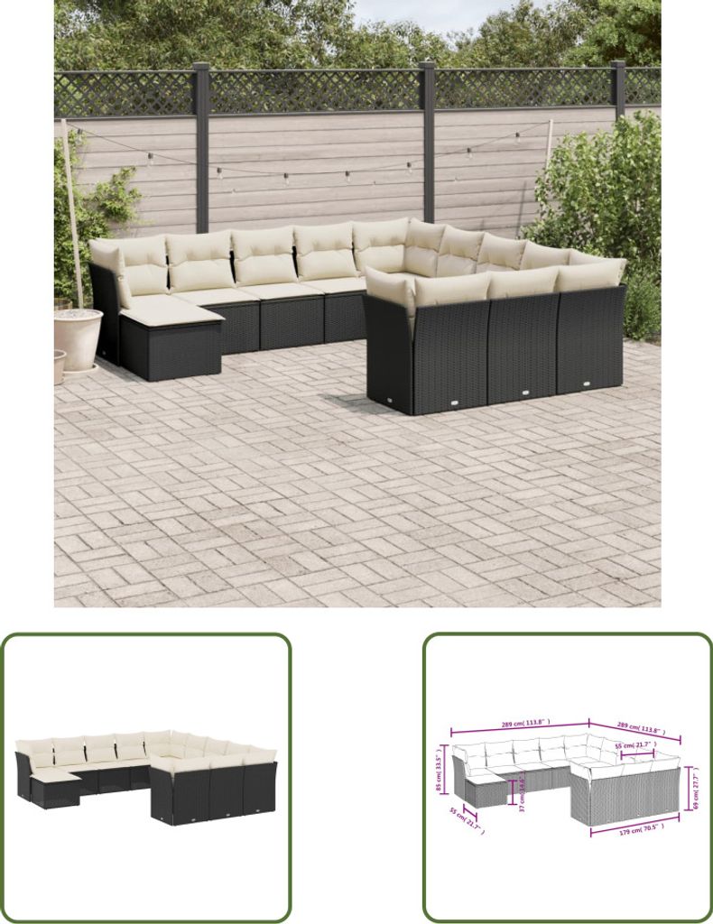 The Living Store 12-tlg. Garten-Sofagarnitur mit Kissen Schwarz Poly Rattan