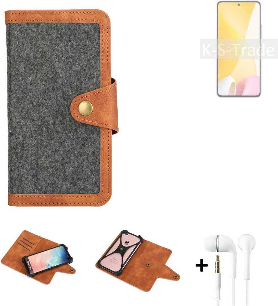 K-S-Trade Handyhülle + Kopfhörer kompatibel mit Xiaomi 12 Lite Schutzhülle Filzhülle Kunstleder dunkelgrau braun (1x)